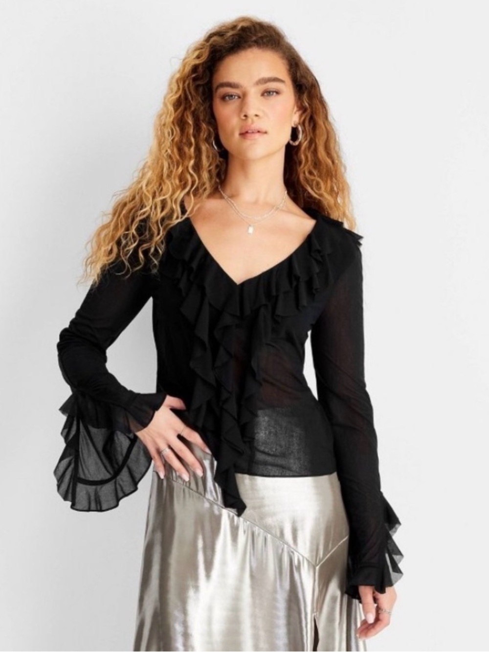 Black Ruffle V-Neck Long Sleeve Top